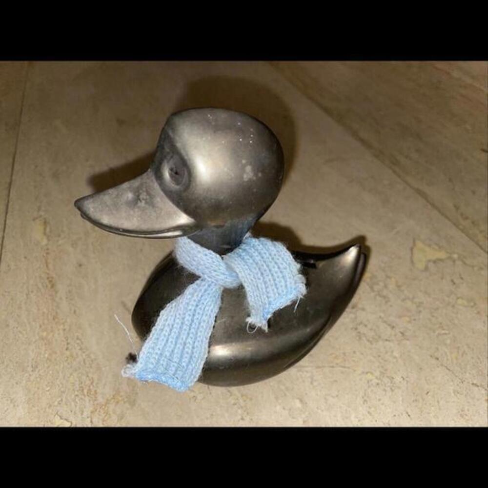 Vintage LEONARD Silver Plated DUCK Money box Piggy Bank COIN BANK Blue Scarf